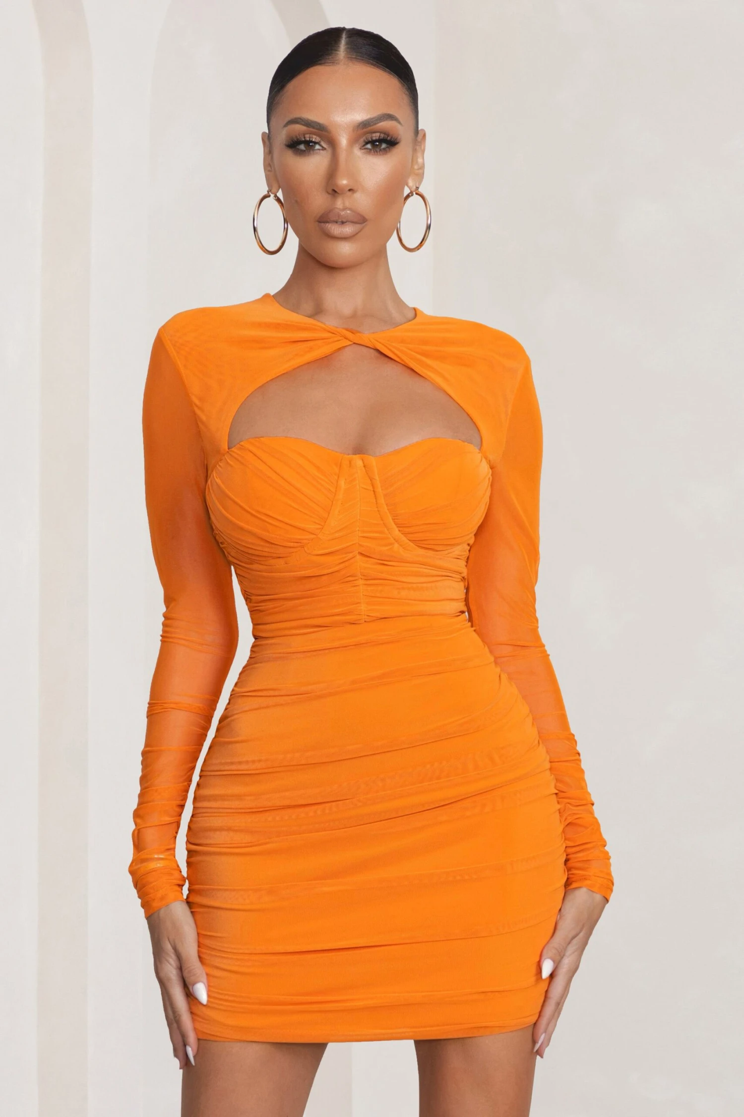 Daiquiri | Orange Cut Out Ruched Mesh Mini Dress With Long Sleeves 3 Daiquiri | Orange Cut Out Ruched Mesh Mini Dress With Long Sleeves