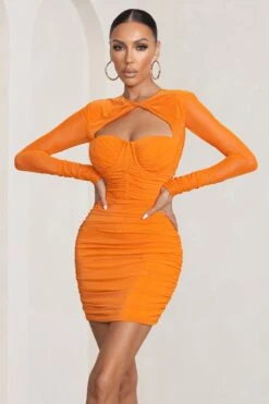 Daiquiri | Orange Cut Out Ruched Mesh Mini Dress With Long Sleeves 10 Daiquiri | Orange Cut Out Ruched Mesh Mini Dress With Long Sleeves -ENY Clothing Shop WB CC BR CL127288 DaiquiriOrangeRuchedCutOutMeshMiniDressWithLongSleeves1