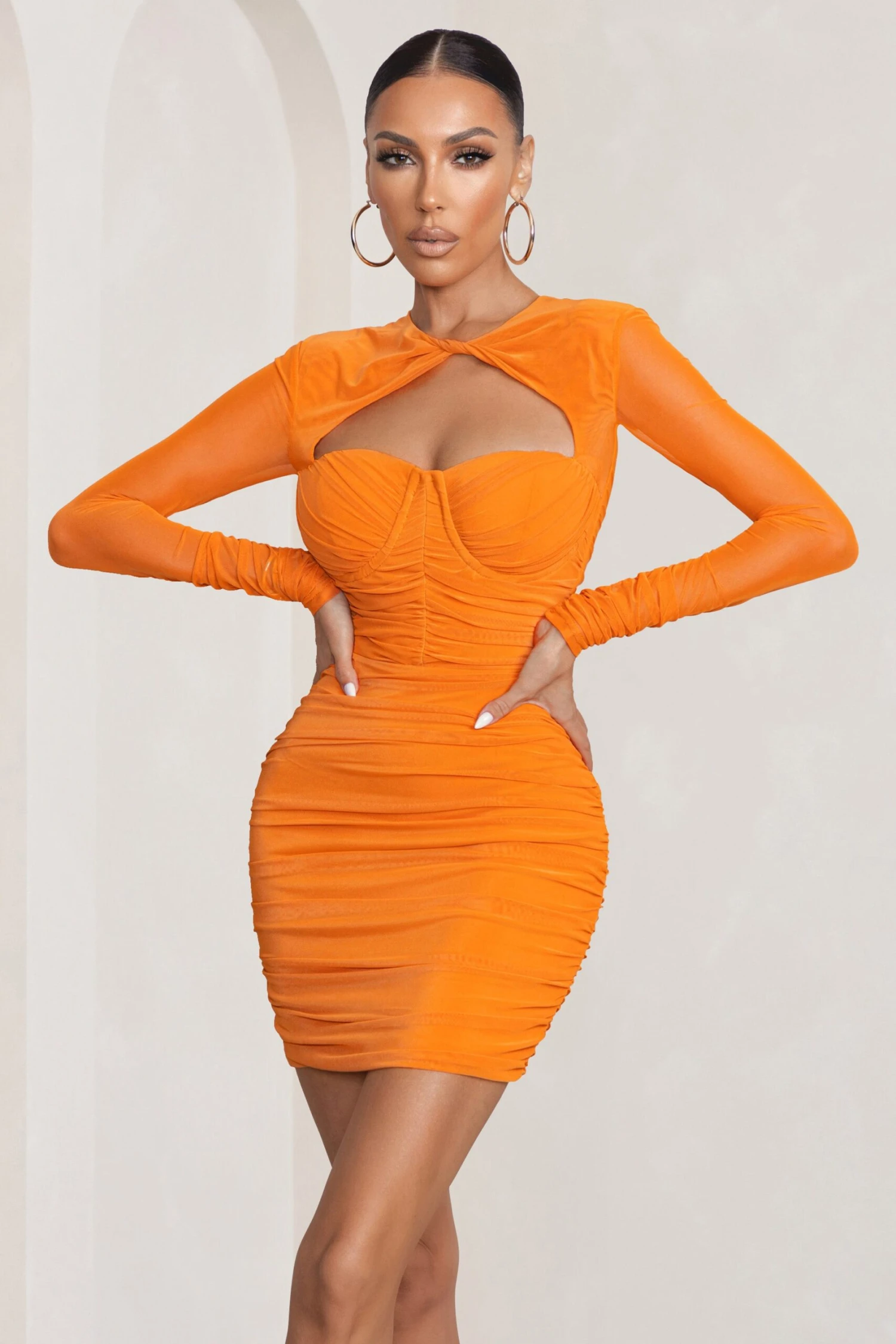 Daiquiri | Orange Cut Out Ruched Mesh Mini Dress With Long Sleeves 6 Daiquiri | Orange Cut Out Ruched Mesh Mini Dress With Long Sleeves - Image 4
