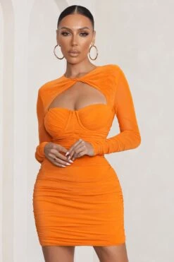 Daiquiri | Orange Cut Out Ruched Mesh Mini Dress With Long Sleeves 11 Daiquiri | Orange Cut Out Ruched Mesh Mini Dress With Long Sleeves -ENY Clothing Shop WB CC BR CL127288 DaiquiriOrangeRuchedCutOutMeshMiniDressWithLongSleeves2