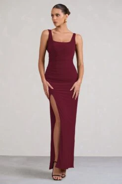 Kate | Berry Square Neck Maxi Dress With Plunge Back And Side Thigh Split -ENY Clothing Shop WB CC BR CL127639 KateBerrySquareNeckMaxiDresswithPlungeBackandSideThighSplit0
