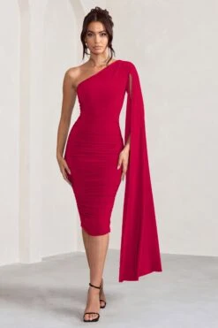 Yara | Red One Shoulder Cape Ruched Midi Dress 10 Yara | Red One Shoulder Cape Ruched Midi Dress -ENY Clothing Shop WB CC BR CL127661 YaraBottleGreenOneShoulderCapeRuchedMidiDress0