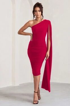 Yara | Red One Shoulder Cape Ruched Midi Dress 11 Yara | Red One Shoulder Cape Ruched Midi Dress -ENY Clothing Shop WB CC BR CL127661 YaraBottleGreenOneShoulderCapeRuchedMidiDress1