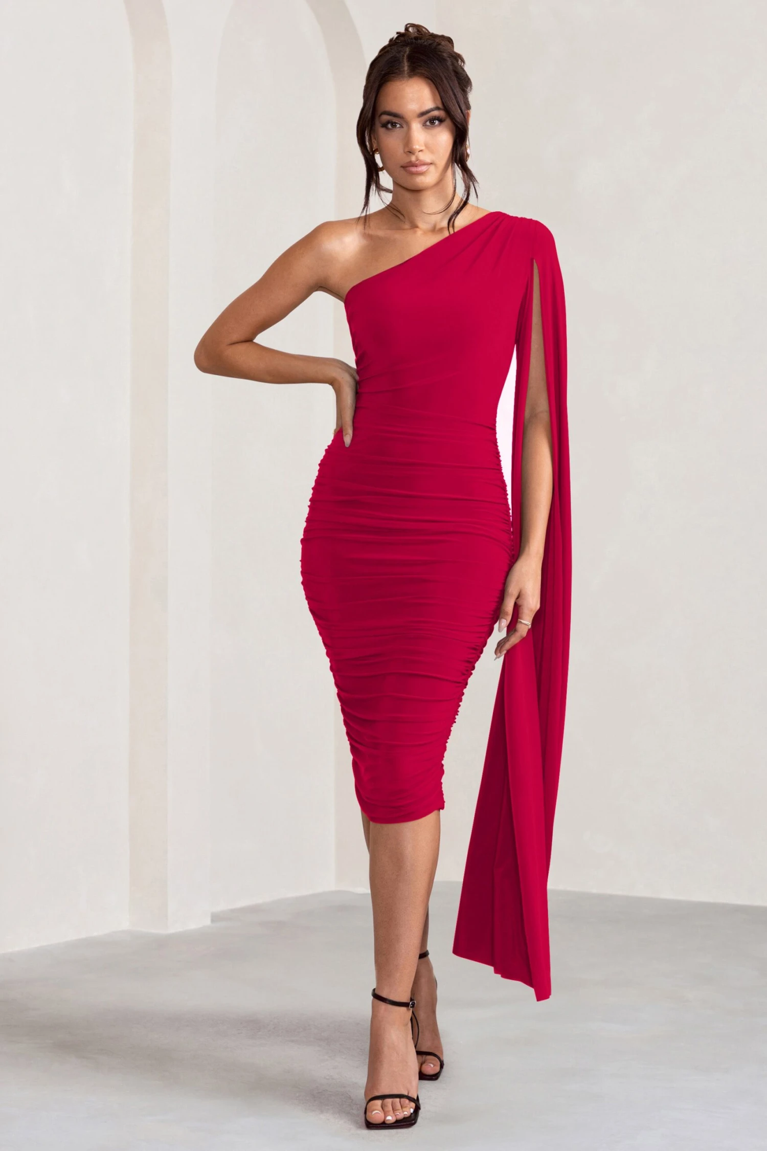 Yara | Red One Shoulder Cape Ruched Midi Dress 7 Yara | Red One Shoulder Cape Ruched Midi Dress - Image 5