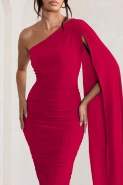 Yara | Red One Shoulder Cape Ruched Midi Dress 9 Yara | Red One Shoulder Cape Ruched Midi Dress -ENY Clothing Shop WB CC BR CL127661 YaraBottleGreenOneShoulderCapeRuchedMidiDress3