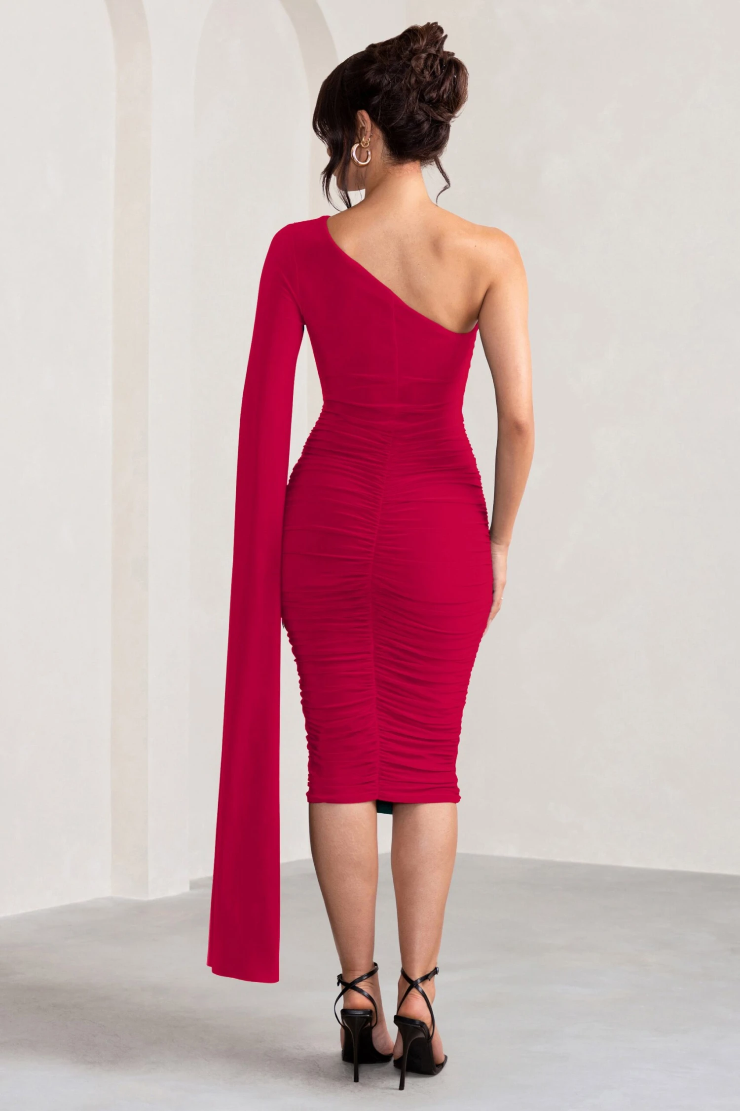 Yara | Red One Shoulder Cape Ruched Midi Dress 4 Yara | Red One Shoulder Cape Ruched Midi Dress - Image 2