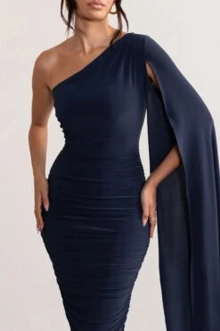 Yara | Navy One Shoulder Cape Ruched Midi Dress -ENY Clothing Shop WB CC BR CL127661 YaraNavyOneShoulderCapeRuchedMidiDress3 86f338dd 6a53 4084 a198 8f049c5f38ab
