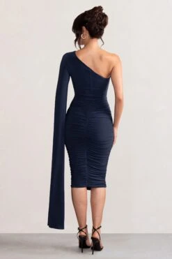 Yara | Navy One Shoulder Cape Ruched Midi Dress -ENY Clothing Shop WB CC BR CL127661 YaraNavyOneShoulderCapeRuchedMidiDress4