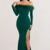 Lucilu | Bottle Green Feather Bardot Long Sleeve Maxi Dress With Side Split 2 Lucilu | Bottle Green Feather Bardot Long Sleeve Maxi Dress With Side Split -ENY Clothing Shop WB CC BR CL128281 LuluBottleGreenFeatherBardotLongSleeveMaxiDresswithSideSplit1