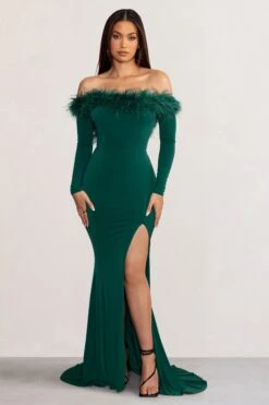 Lucilu | Bottle Green Feather Bardot Long Sleeve Maxi Dress With Side Split -ENY Clothing Shop WB CC BR CL128281 LuluBottleGreenFeatherBardotLongSleeveMaxiDresswithSideSplit2
