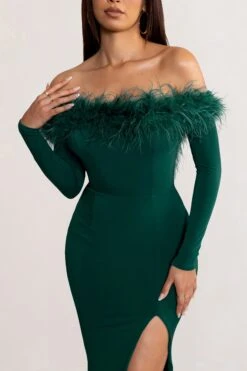 Lucilu | Bottle Green Feather Bardot Long Sleeve Maxi Dress With Side Split -ENY Clothing Shop WB CC BR CL128281 LuluBottleGreenFeatherBardotLongSleeveMaxiDresswithSideSplit5