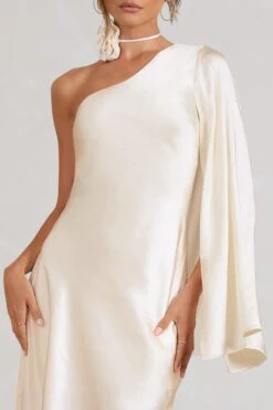 Hanna | Cream Asymmetric Draped Satin Mini Dress -ENY Clothing Shop WB CC BR CL128638028 HannaCreamAsymmetricDrapedSatinDress CL129566159 SilkyScentsIvorySatinCorsagewithNeckTie3 detail