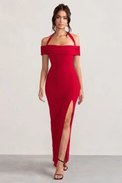 Anisa | Red Layered Halter Neck Bardot Maxi Dress With Thigh Split -ENY Clothing Shop WB CC BR CL129055 AnisaRedLayeredHalterNeckBardotMaxiDressWithThighSplit0