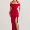 Anisa | Red Layered Halter Neck Bardot Maxi Dress With Thigh Split -ENY Clothing Shop WB CC BR CL129055 AnisaRedLayeredHalterNeckBardotMaxiDressWithThighSplit1