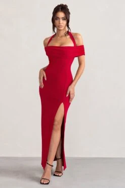 Anisa | Red Layered Halter Neck Bardot Maxi Dress With Thigh Split -ENY Clothing Shop WB CC BR CL129055 AnisaRedLayeredHalterNeckBardotMaxiDressWithThighSplit2