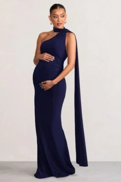 Alula | Navy Maternity Asymmetric Maxi Dress With Cape Detailing