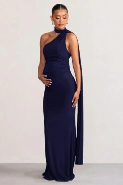 Alula | Navy Maternity Asymmetric Maxi Dress With Cape Detailing -ENY Clothing Shop WB CC BR CL129201 AlulaNavyMaternityAsymmetricNeckMaxiDresswithCapeDetailing2