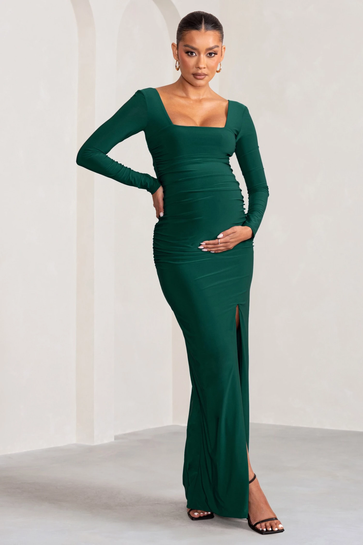 My Pleasure | Bottle Green Long Sleeve Square Neck Maternity Maxi Dress With Split 6 My Pleasure | Bottle Green Long Sleeve Square Neck Maternity Maxi Dress With Split - Image 4