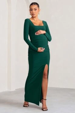 My Pleasure | Bottle Green Long Sleeve Square Neck Maternity Maxi Dress With Split