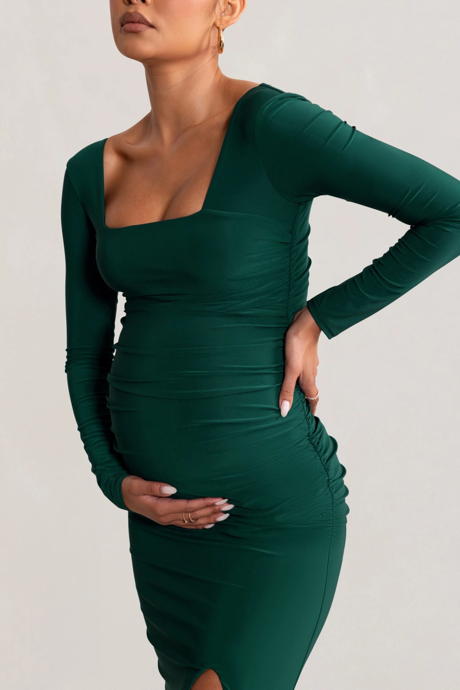 My Pleasure | Bottle Green Long Sleeve Square Neck Maternity Maxi Dress With Split 5 My Pleasure | Bottle Green Long Sleeve Square Neck Maternity Maxi Dress With Split - Image 3