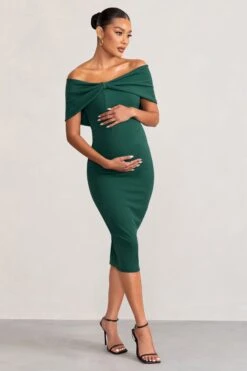 Alyssa | Bottle Green Bardot Bow Maternity Midi Dress With Ruching
