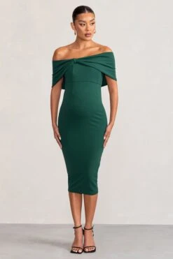 Alyssa | Bottle Green Bardot Bow Maternity Midi Dress With Ruching -ENY Clothing Shop WB CC BR CL129226 AlyssaBottleGreenBardotBowMaternityMidiDresswithRuching1