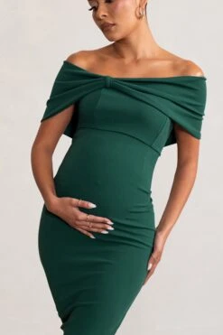 Alyssa | Bottle Green Bardot Bow Maternity Midi Dress With Ruching -ENY Clothing Shop WB CC BR CL129226 AlyssaBottleGreenBardotBowMaternityMidiDresswithRuching3