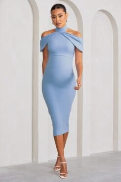 Jemima | Powder Blue Maternity Midi Dress With High Neck And Draped Cold Shoulder Sleeves -ENY Clothing Shop WB CC BR CL129230 JemimaPowderBlueHighNeckandDrapedBardotMaternityMidiDress2