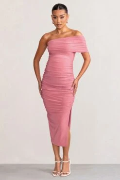 Odelia | Blush Maternity Midi Dress With Asymmetric Sleeve And Side Split -ENY Clothing Shop WB CC BR CL129231 OdeliaBlushMaternityMidiDresswithAsymmetricSleeveandSideSplit1