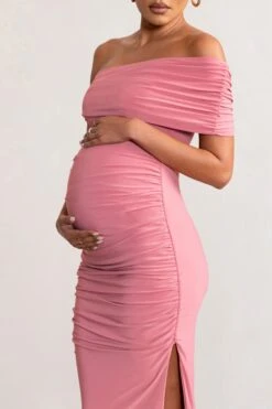 Odelia | Blush Maternity Midi Dress With Asymmetric Sleeve And Side Split -ENY Clothing Shop WB CC BR CL129231 OdeliaBlushMaternityMidiDresswithAsymmetricSleeveandSideSplit4