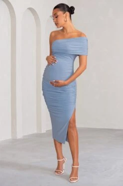 Odelia | Powder Blue Maternity Midi Dress With Asymmetric Sleeve And Side Split