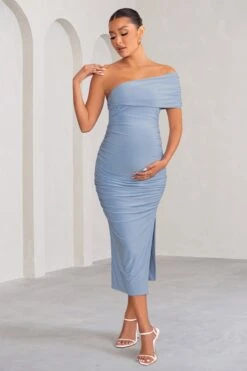 Odelia | Powder Blue Maternity Midi Dress With Asymmetric Sleeve And Side Split -ENY Clothing Shop WB CC BR CL129231 OdeliaPowderBlueMaternityMidiDresswithAsymmetricSleeveandSideSplit5copy