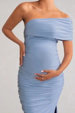 Odelia | Powder Blue Maternity Midi Dress With Asymmetric Sleeve And Side Split -ENY Clothing Shop WB CC BR CL129231 OdeliaPowderBlueMaternityMidiDresswithAsymmetricSleeveandSideSplit7copy