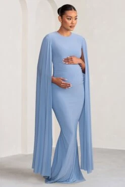 Briony | Powder Blue Maternity Maxi Dress With Cape Sleeves
