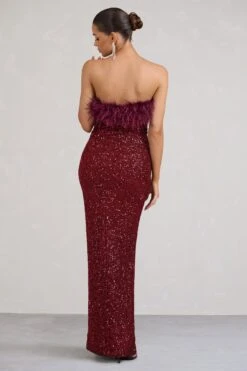 Old Money | Burgundy Bodycon Sequin Maxi Dress With Feather Trim -ENY Clothing Shop WB CC BR CL129357002 OldMoneyBerryBodyconSequinMaxiDressWithFeatherTrim4
