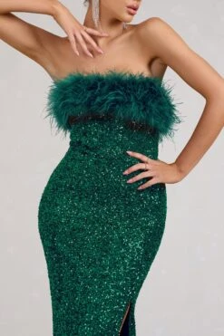 Old Money | Bottle Green Bodycon Sequin Maxi Dress With Feather Trim -ENY Clothing Shop WB CC BR CL129357002 OldMoneyBottleGreenBodyconSequinMaxiDressWithFeatherTrim3