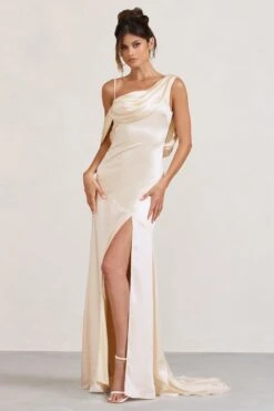 Jayne | Cream Satin Asymmetric Draped Split Maxi Dress -ENY Clothing Shop WB CC BR CL129372028 JayneCreamSatinAsymmetricDrapedSplitMaxiDress2