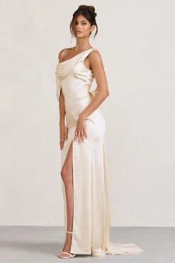 Jayne | Cream Satin Asymmetric Draped Split Maxi Dress -ENY Clothing Shop WB CC BR CL129372028 JayneCreamSatinAsymmetricDrapedSplitMaxiDress4