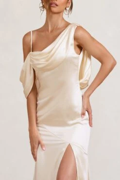 Jayne | Cream Satin Asymmetric Draped Split Maxi Dress -ENY Clothing Shop WB CC BR CL129372028 JayneCreamSatinAsymmetricDrapedSplitMaxiDress5