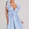 Let's Laze | Blue Poplin Smocked Mini Dress With Frilled Straps