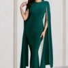 Kimmy | Bottle Green High Neck Maxi Dress With Cape Sleeves