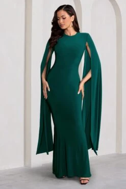 Kimmy | Bottle Green High Neck Maxi Dress With Cape Sleeves -ENY Clothing Shop WB CC BR HR CL129258 KimmyBottleGreenHighNeckMaxiDresswithFloorLengthSleeves3