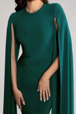Kimmy | Bottle Green High Neck Maxi Dress With Cape Sleeves -ENY Clothing Shop WB CC BR HR CL129258 KimmyBottleGreenHighNeckMaxiDresswithFloorLengthSleeves5