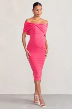 Alyssa | Hot Pink Bardot Bow Maternity Midi Dress With Ruching 13 Alyssa | Hot Pink Bardot Bow Maternity Midi Dress With Ruching -ENY Clothing Shop WB CC CC BR CL129226 AlyssaHotPinkBardotBowMaternityMidiDresswithRuching0