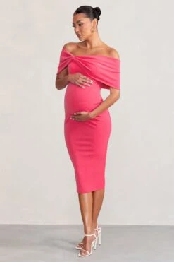 Alyssa | Hot Pink Bardot Bow Maternity Midi Dress With Ruching 12 Alyssa | Hot Pink Bardot Bow Maternity Midi Dress With Ruching -ENY Clothing Shop WB CC CC BR CL129226 AlyssaHotPinkBardotBowMaternityMidiDresswithRuching2