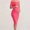 Alyssa | Hot Pink Bardot Bow Maternity Midi Dress With Ruching 1 Alyssa | Hot Pink Bardot Bow Maternity Midi Dress With Ruching -ENY Clothing Shop WB CC CC BR CL129226 AlyssaHotPinkBardotBowMaternityMidiDresswithRuching4