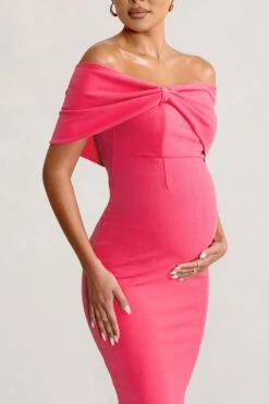 Alyssa | Hot Pink Bardot Bow Maternity Midi Dress With Ruching 10 Alyssa | Hot Pink Bardot Bow Maternity Midi Dress With Ruching -ENY Clothing Shop WB CC CC BR CL129226 AlyssaHotPinkBardotBowMaternityMidiDresswithRuching5