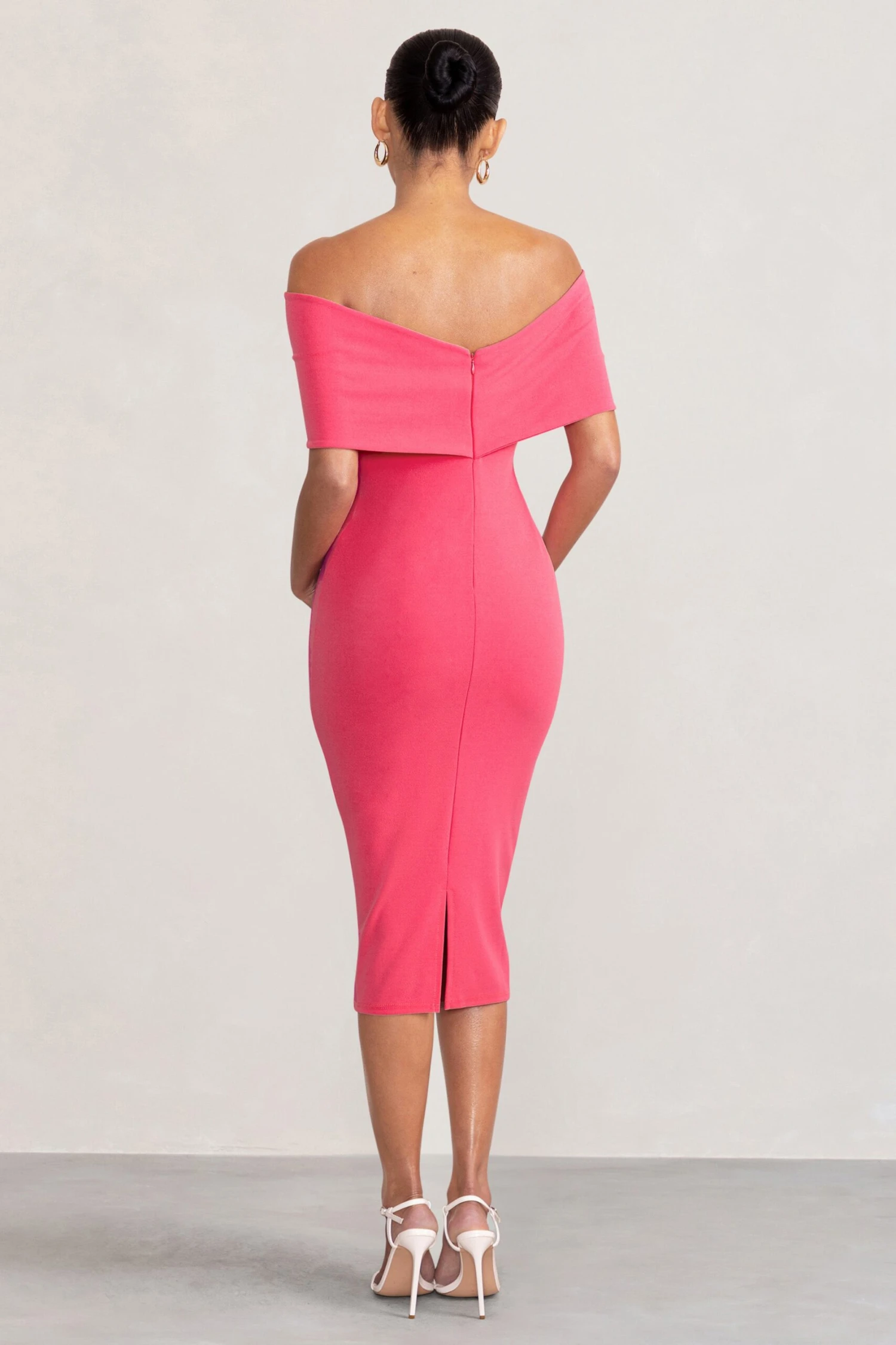 Alyssa | Hot Pink Bardot Bow Maternity Midi Dress With Ruching 4 Alyssa | Hot Pink Bardot Bow Maternity Midi Dress With Ruching - Image 2