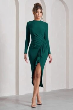 Dolce Vita | Bottle Green Long-Sleeve Ruffle Asymmetric Split Midi Dress -ENY Clothing Shop WB CC CC CL129782047 DolceVita BottleGreenLong SleeveRuffleAsymmetricSplitMaxiDressBOTTLEGREEN0