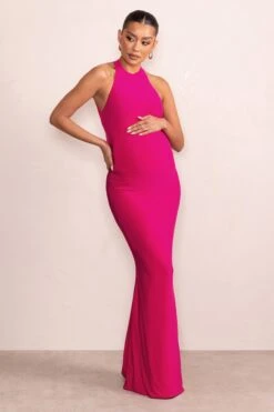 Nyssa | Hot Pink High Neck Sleeveless Maternity Maxi Dress